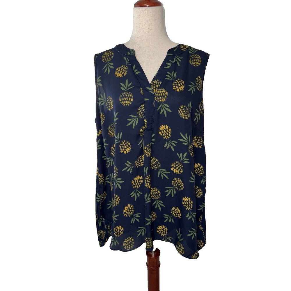 CJ Banks Women’s 1X Blouse Pineapple Print Sleeveless Split Neck Navy Tropical